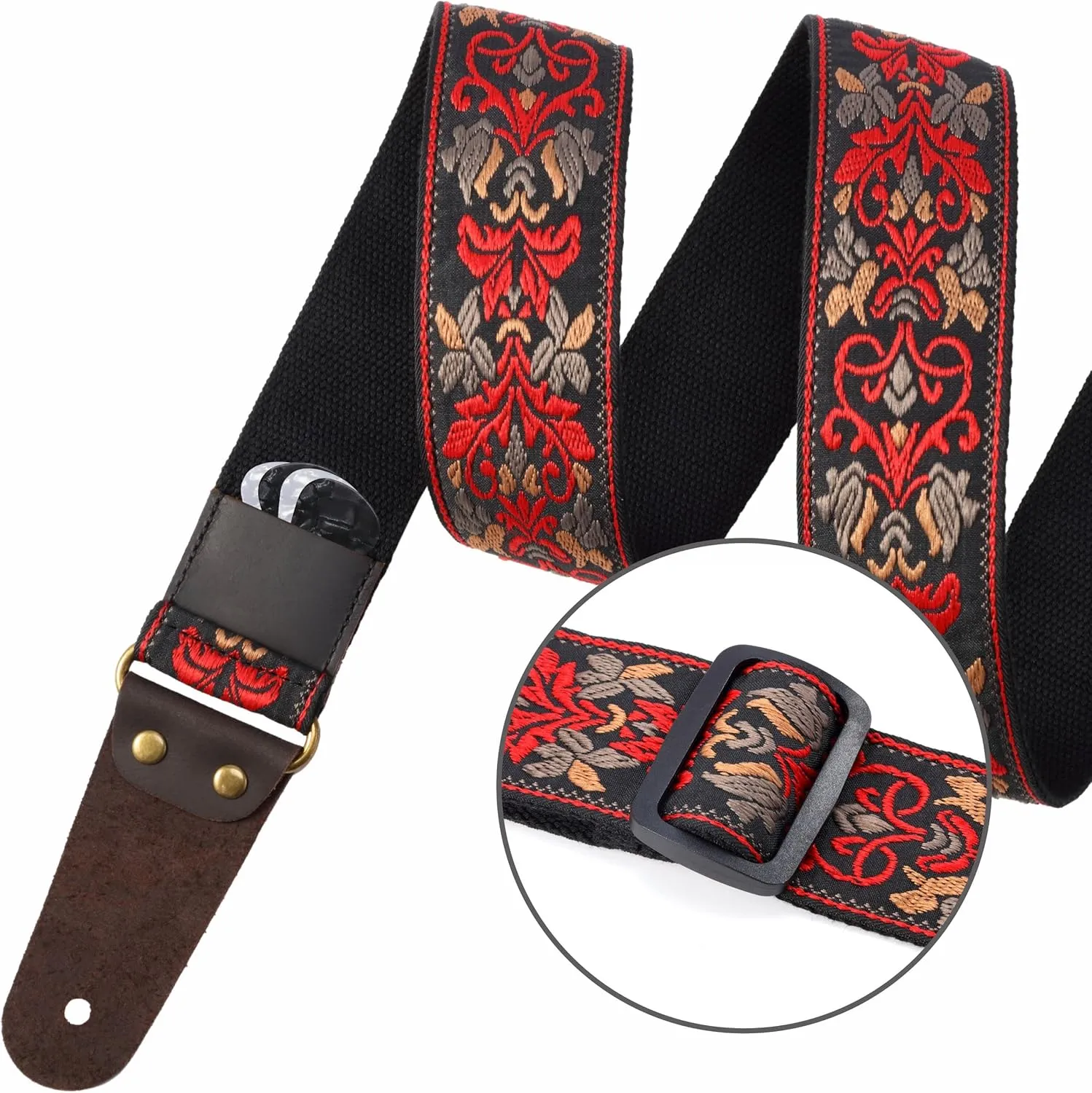 Nefelibata Guitar Strap, 2" Jacquard Embroidery Guitar Straps, Full Grain Leather Ends with Hidden Pocket, for Bass, Electric and Acoustic Guitars, Strap Button, Strap Locks and Guitar Picks