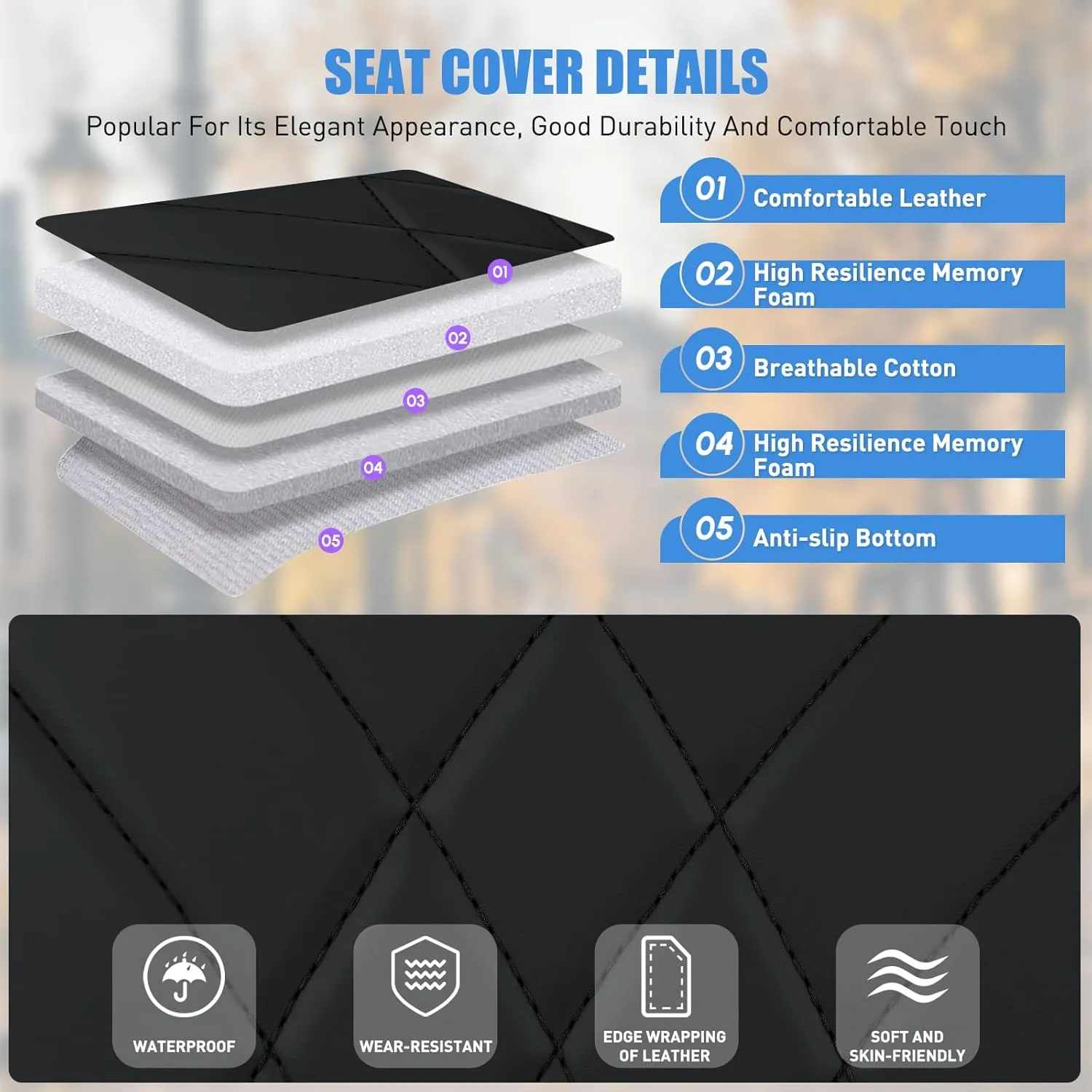 Nilight Car Seat Cushion Cover Black Geometric Embroidered Leather Front Seats Waterproof Anti-Slip Comes with Storage Bag Wraps Bottom Fits Cars Sedan Van SUV Truck