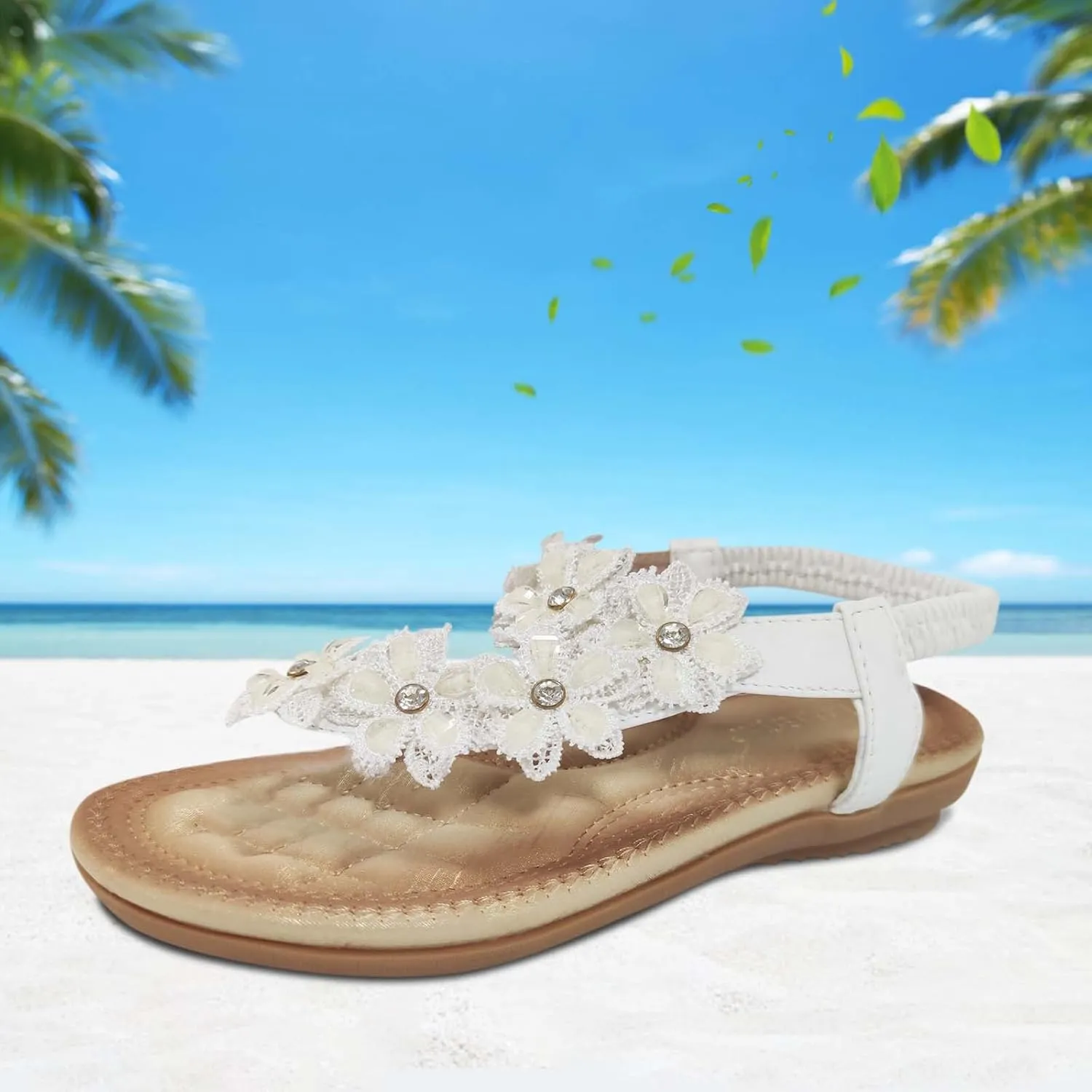 Non Slip Flat Bottom Sandals for Women Bohemian Pearl Crystal Cool Shoes Rhinestone Decorative Sandals