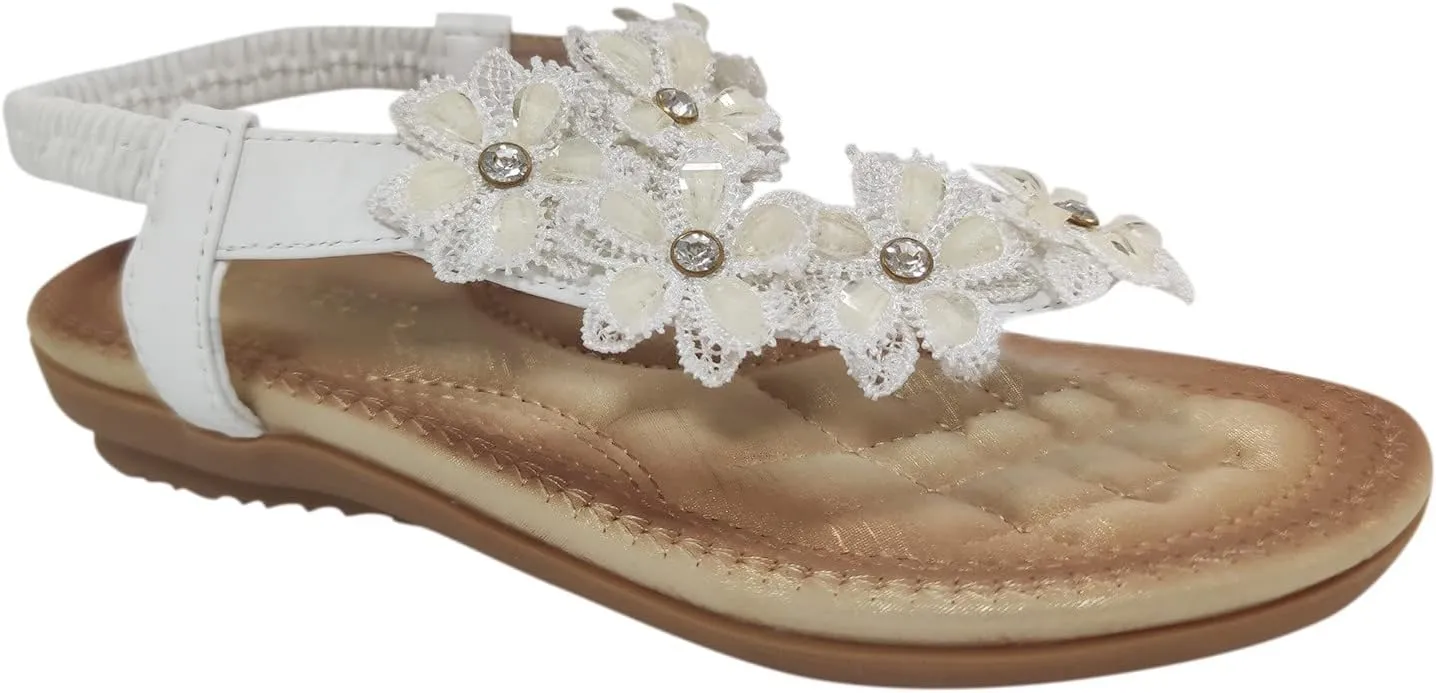 Non Slip Flat Bottom Sandals for Women Bohemian Pearl Crystal Cool Shoes Rhinestone Decorative Sandals