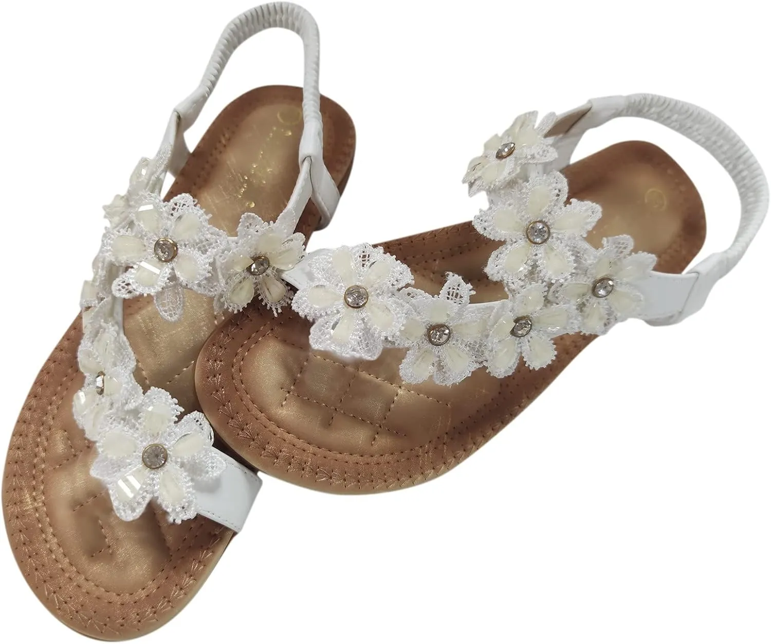 Non Slip Flat Bottom Sandals for Women Bohemian Pearl Crystal Cool Shoes Rhinestone Decorative Sandals