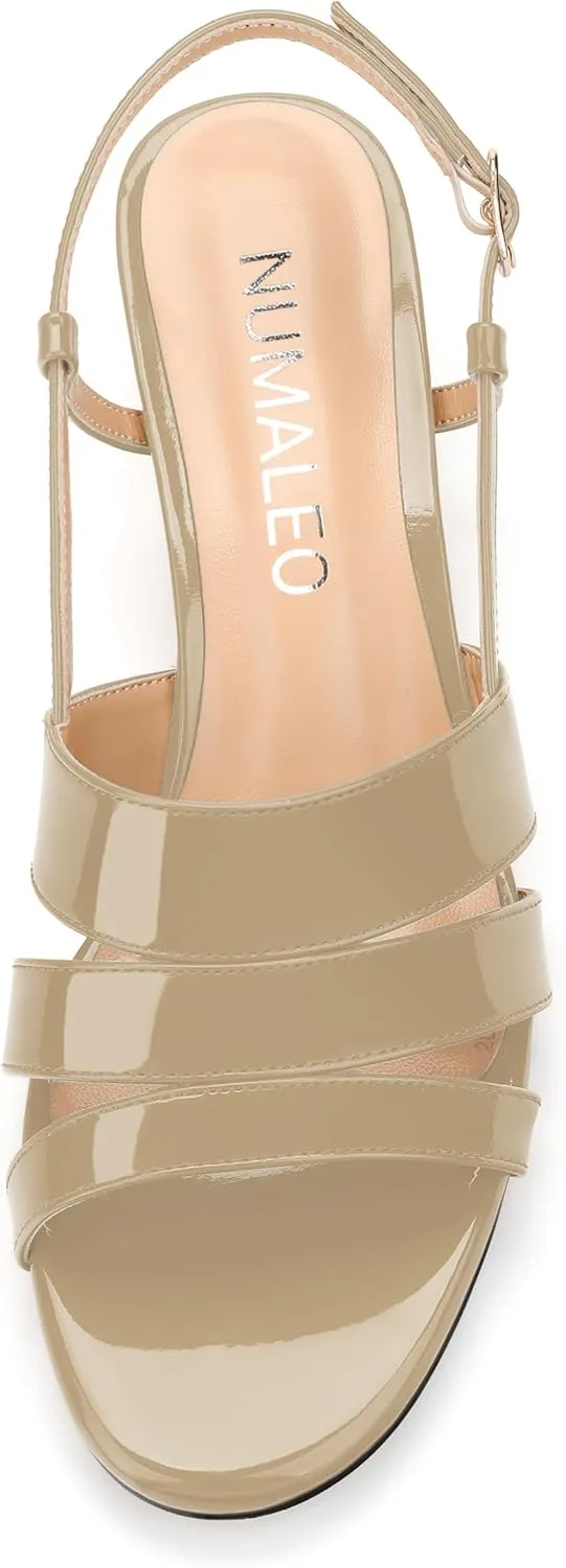 NUMALEO Women's Dressy Strappy 2.5 Inch Sandals Low Kitten Heel Open Square Toe Slingback Heels Patent Cute Dress Shoes
