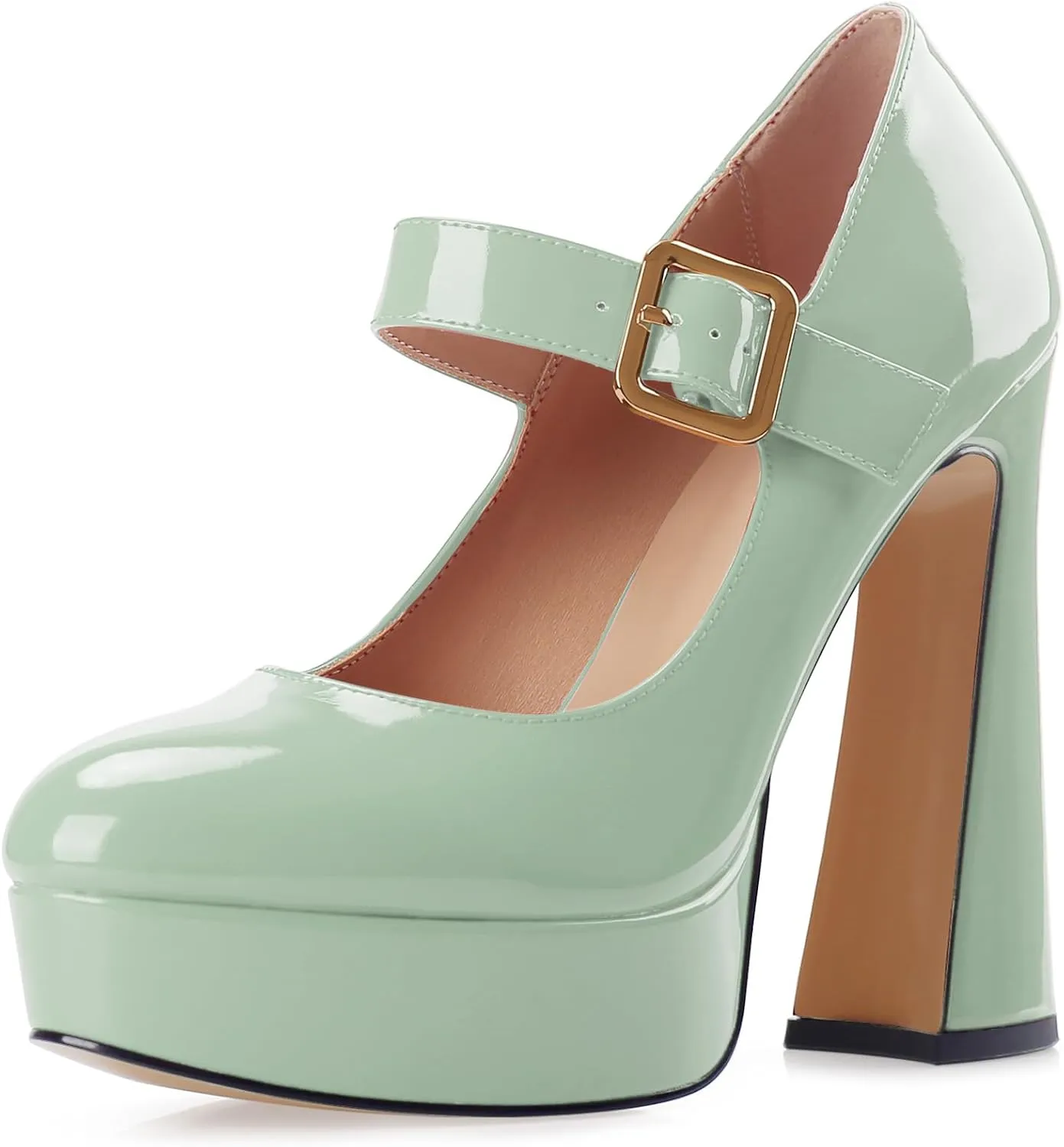 Oh Mispares Women's Chunky Heel Mary Jane Pumps Closed Toe Thick Sole Platform Adjustable Ankle Strap Block High Heeled Pumps Patent Dress Casual Wedding Heels 5 Inch