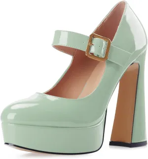 Oh Mispares Women's Chunky Heel Mary Jane Pumps Closed Toe Thick Sole Platform Adjustable Ankle Strap Block High Heeled Pumps Patent Dress Casual Wedding Heels 5 Inch