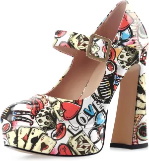 Oh Mispares Women's Chunky Heel Mary Jane Pumps Closed Toe Thick Sole Platform Adjustable Ankle Strap Block High Heeled Pumps Patent Dress Casual Wedding Heels 5 Inch