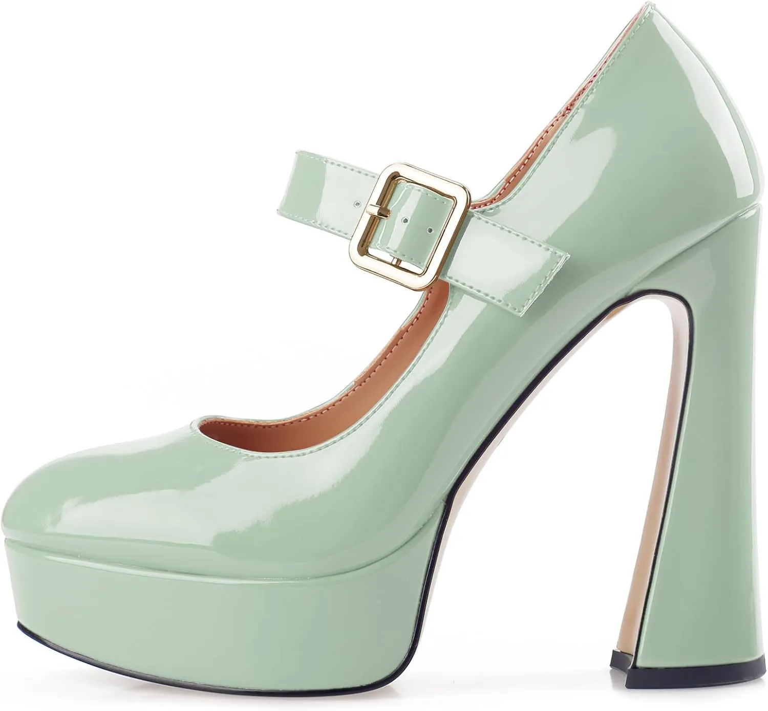 Oh Mispares Women's Chunky Heel Mary Jane Pumps Closed Toe Thick Sole Platform Adjustable Ankle Strap Block High Heeled Pumps Patent Dress Casual Wedding Heels 5 Inch