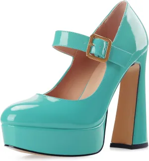 Oh Mispares Women's Chunky Heel Mary Jane Pumps Closed Toe Thick Sole Platform Adjustable Ankle Strap Block High Heeled Pumps Patent Dress Casual Wedding Heels 5 Inch