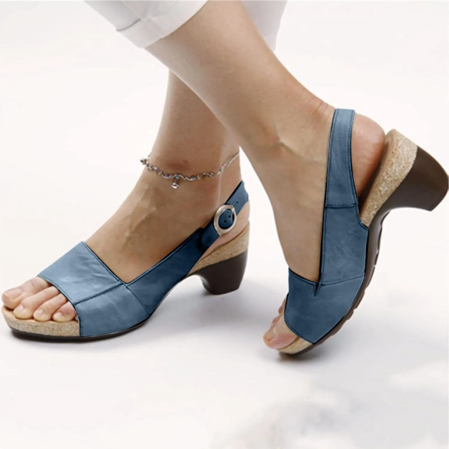 oiangi Womens Summer Thick Heel Sandals Fashion Ankle Straps Buckle Open Toe Low Chunky Heel Sandals Comfortable Casual Ladies Slingback Shoes Slipper