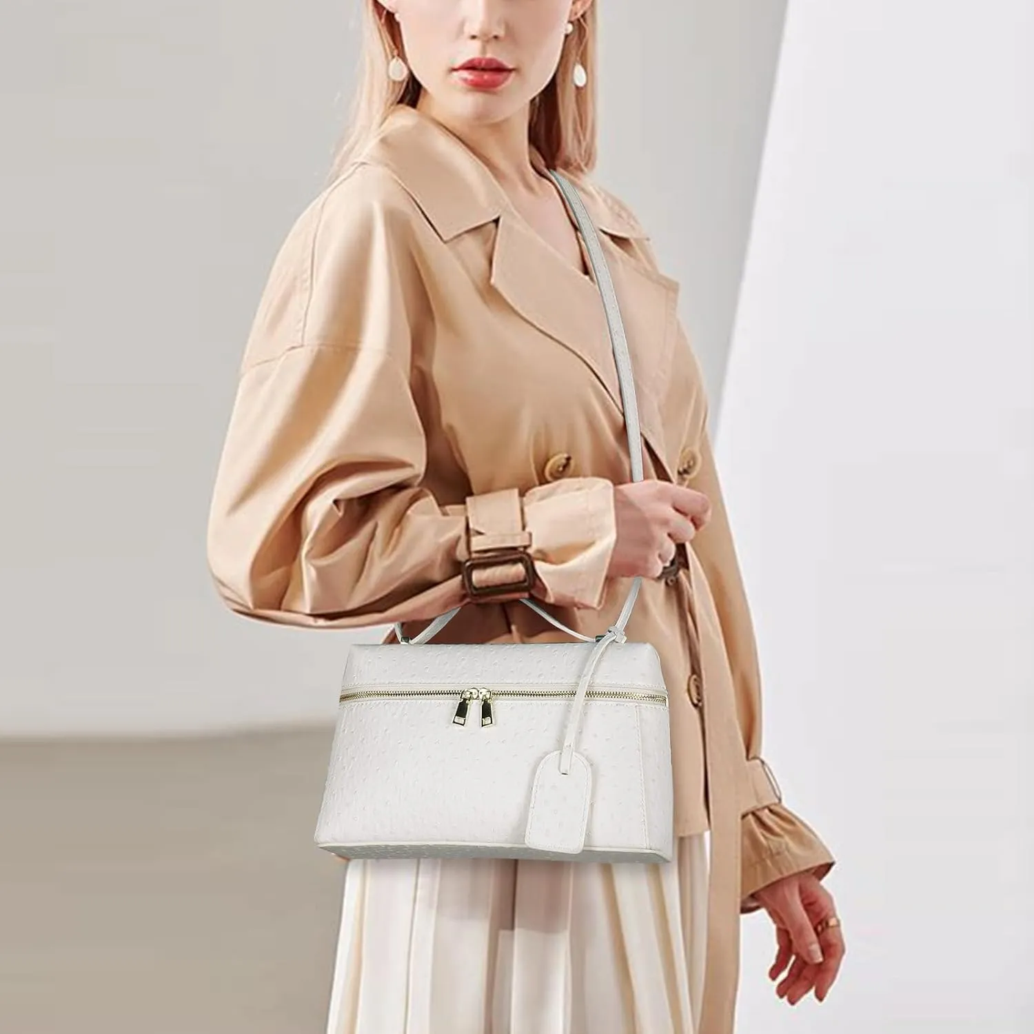 Ostrich Leather Pouch Top Handle Purses for Women Cream Small Vanity Bag Trendy Purses Quiet Luxury Handbag Crossbody Bags