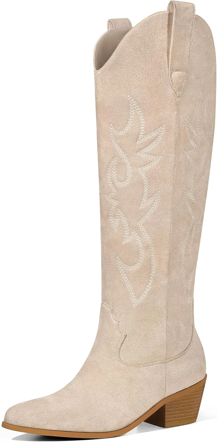 Ouepiano Cowboy Boots for Women Knee High Cowgirl Boots Embroidered Chunky Heels Pointed Toe Long Tall Western Boot Pull On