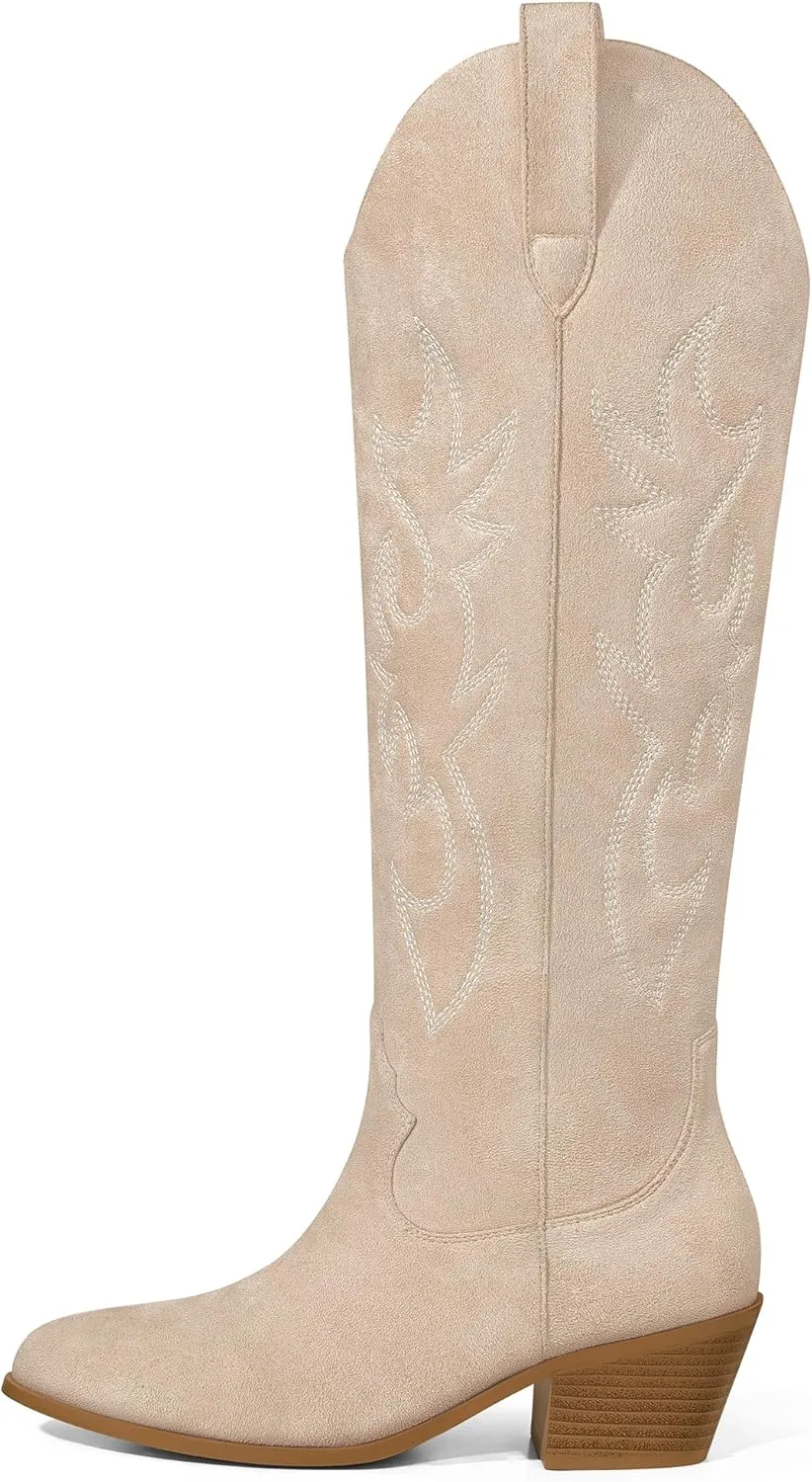 Ouepiano Cowboy Boots for Women Knee High Cowgirl Boots Embroidered Chunky Heels Pointed Toe Long Tall Western Boot Pull On