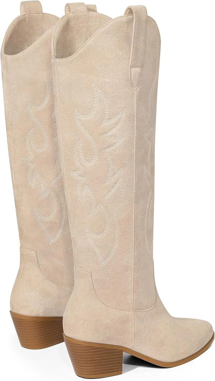 Ouepiano Cowboy Boots for Women Knee High Cowgirl Boots Embroidered Chunky Heels Pointed Toe Long Tall Western Boot Pull On