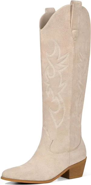 Ouepiano Cowboy Boots for Women Knee High Cowgirl Boots Embroidered Chunky Heels Pointed Toe Long Tall Western Boot Pull On