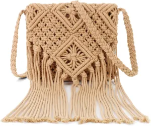 Ovida Crochet Mini Bucket Bag - Summer Woven Beach Shoulder Bag with Drawstring Closure