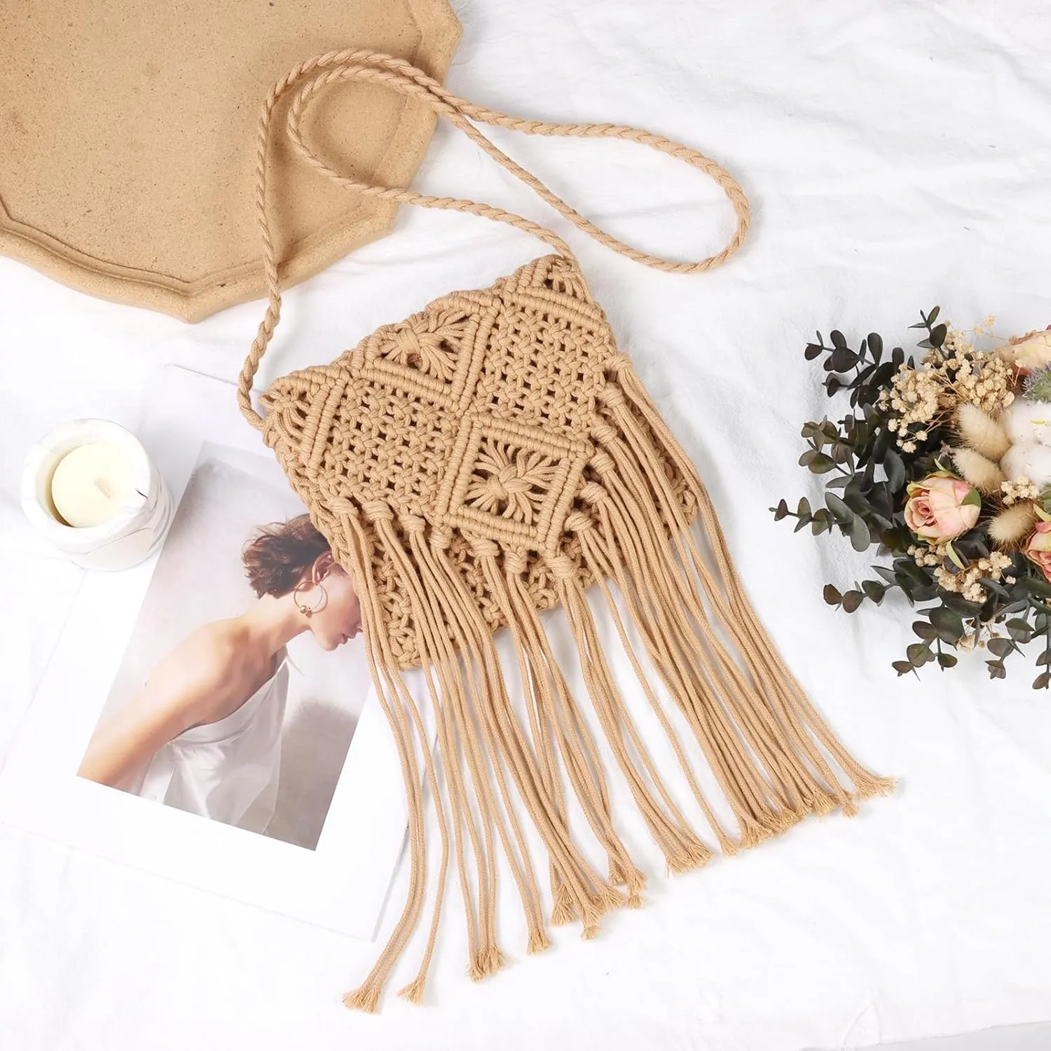 Ovida Crochet Mini Bucket Bag - Summer Woven Beach Shoulder Bag with Drawstring Closure