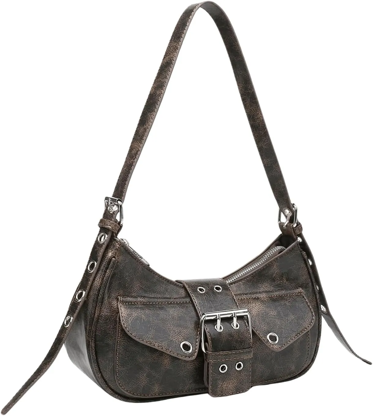 OYOANGLE Women's Leather Buckled Flap Shoulder Bags Y2K Punk Adjustable Strap Zipper Handbags Clutch Hobo Bag