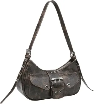 OYOANGLE Women's Leather Buckled Flap Shoulder Bags Y2K Punk Adjustable Strap Zipper Handbags Clutch Hobo Bag