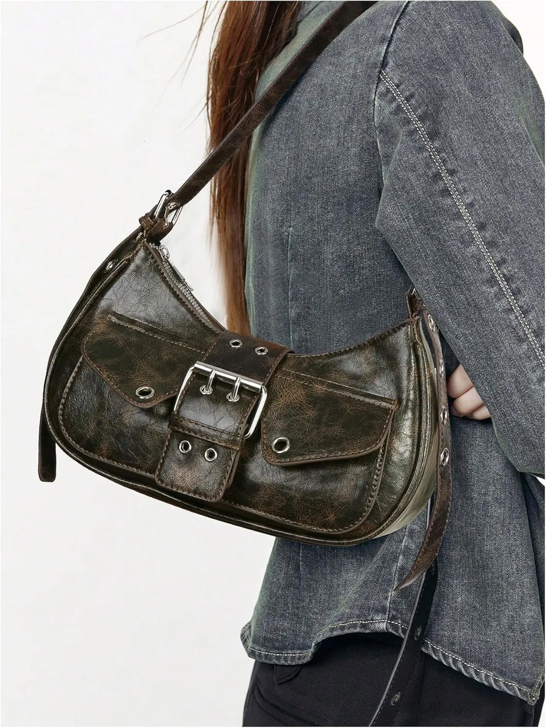 OYOANGLE Women's Leather Buckled Flap Shoulder Bags Y2K Punk Adjustable Strap Zipper Handbags Clutch Hobo Bag