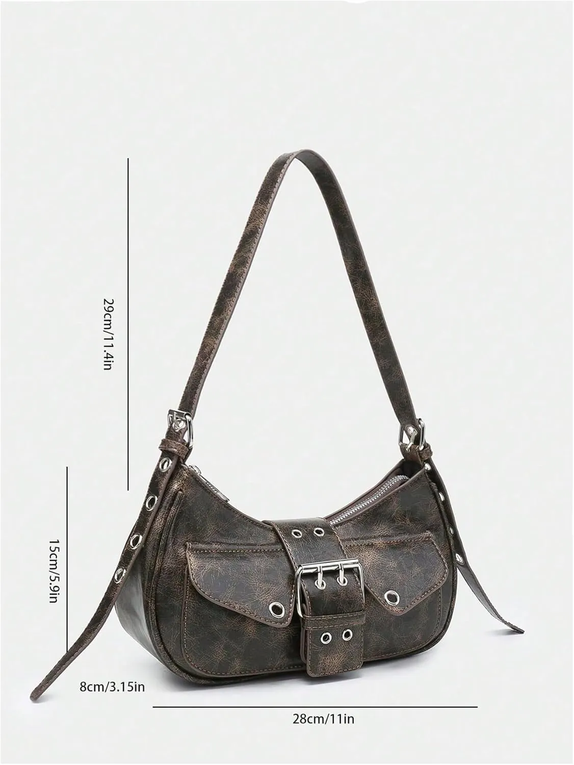 OYOANGLE Women's Leather Buckled Flap Shoulder Bags Y2K Punk Adjustable Strap Zipper Handbags Clutch Hobo Bag