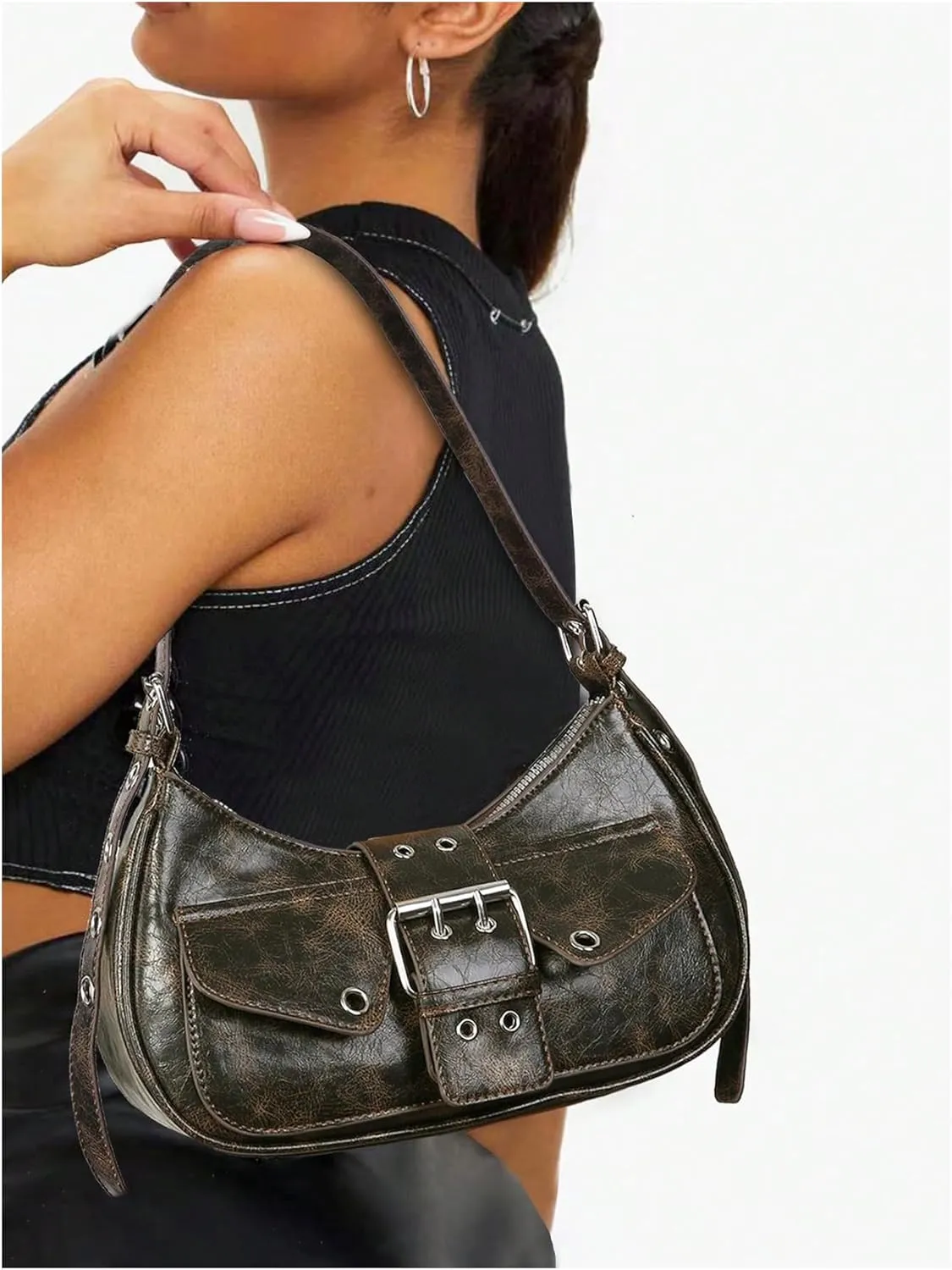 OYOANGLE Women's Leather Buckled Flap Shoulder Bags Y2K Punk Adjustable Strap Zipper Handbags Clutch Hobo Bag
