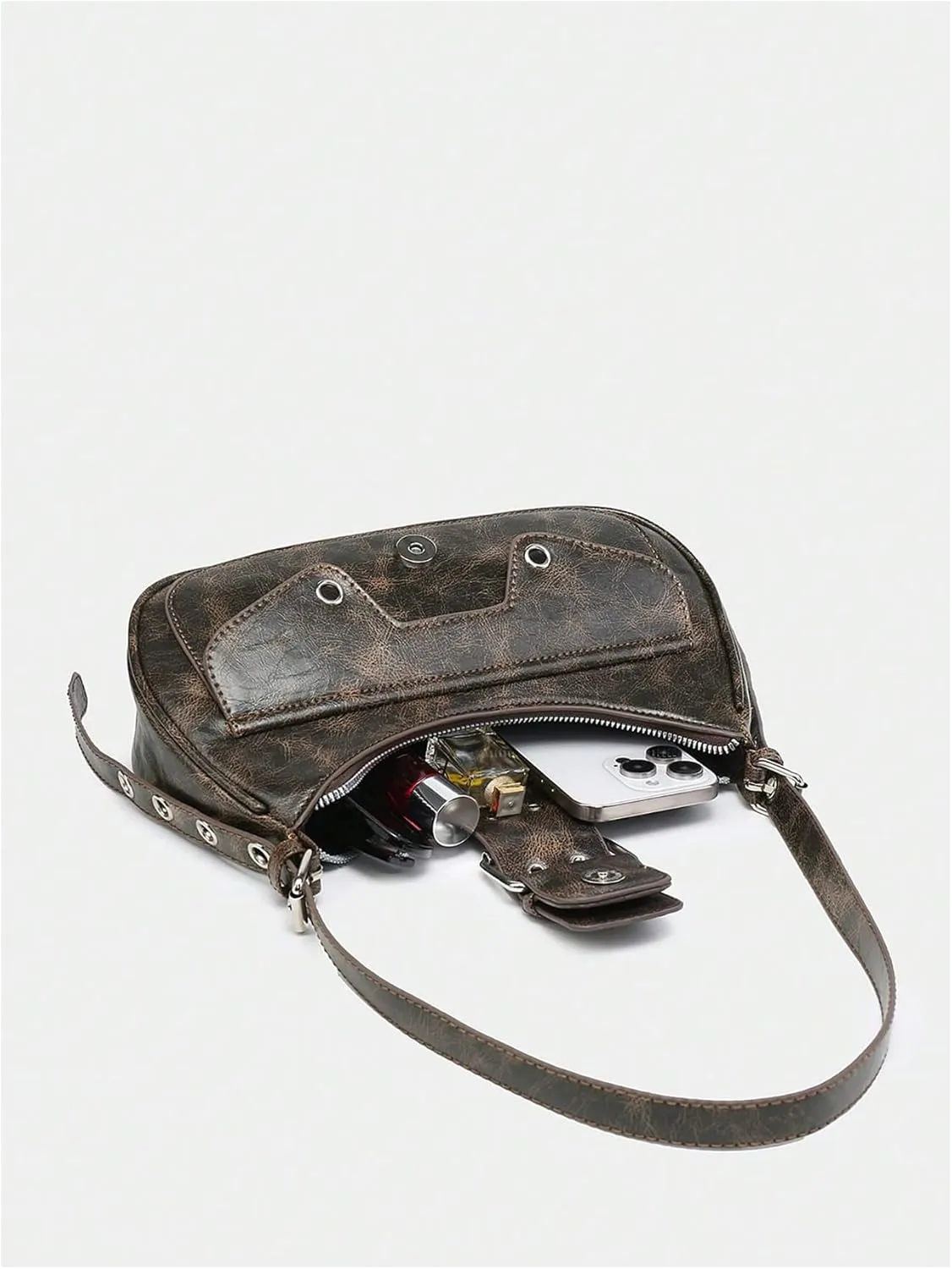 OYOANGLE Women's Leather Buckled Flap Shoulder Bags Y2K Punk Adjustable Strap Zipper Handbags Clutch Hobo Bag