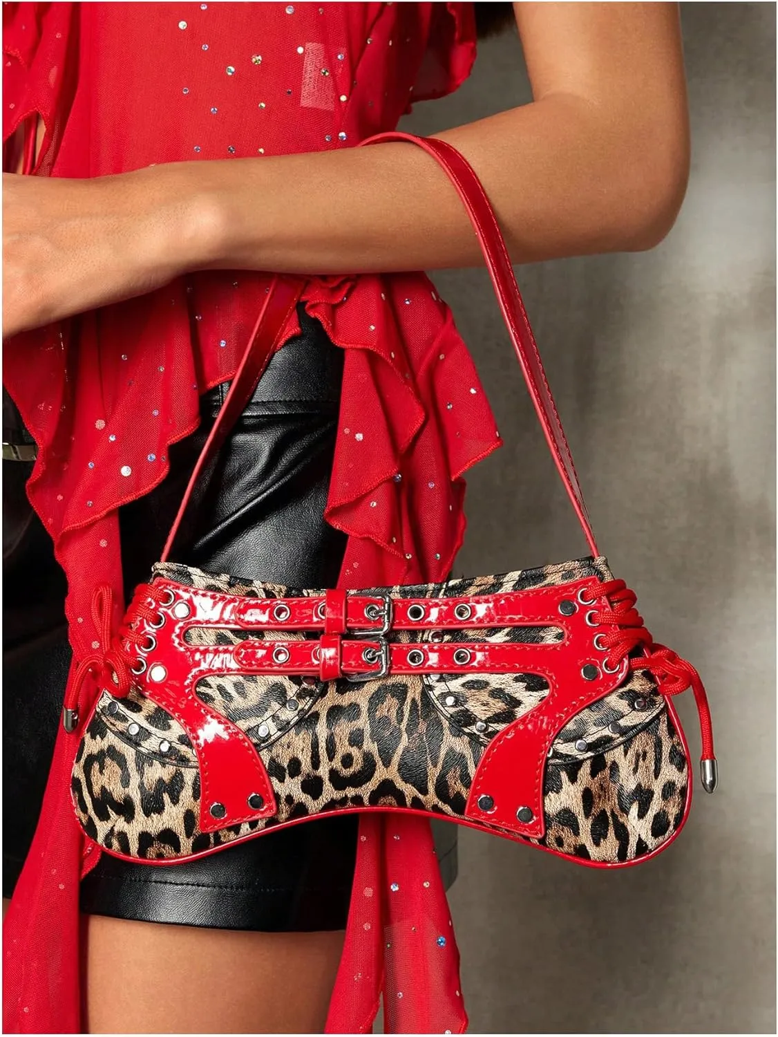 OYOANGLE Women's Leopard Print Shoulder Bags PU Leather Zipper Buckled Y2K Clutch Purses Funky Hobo Bag
