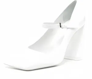Patent Leather Mary Jane Chunky Heels Pumps Shoes for Women,Women's Closed Square Toe Pumps with Adjust Ankle Buckle Strappy Classic Uniform Work Shoes Gothic Lolita Dressy Wedding Shoes