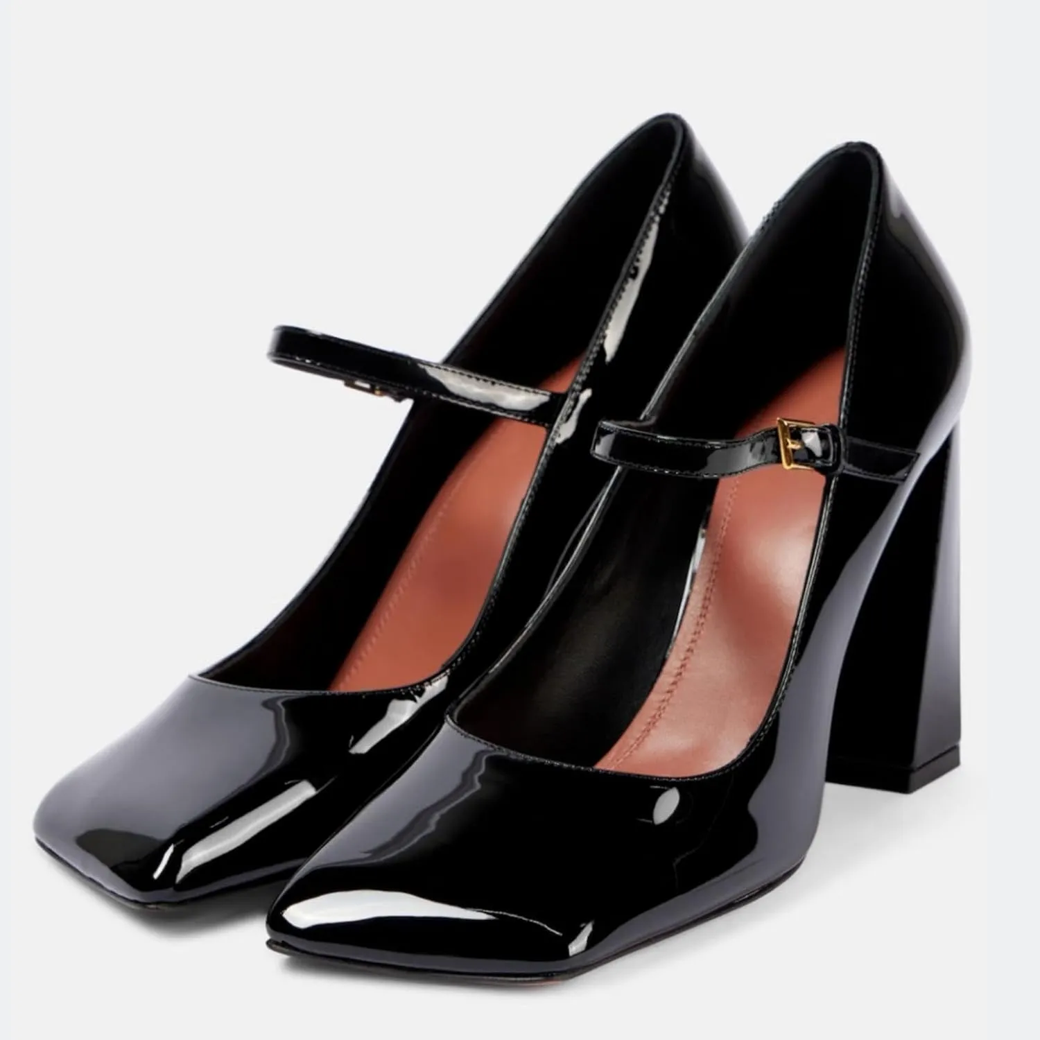 Patent Leather Mary Jane Chunky Heels Pumps Shoes for Women,Women's Closed Square Toe Pumps with Adjust Ankle Buckle Strappy Classic Uniform Work Shoes Gothic Lolita Dressy Wedding Shoes