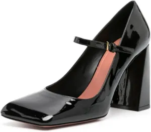 Patent Leather Mary Jane Chunky Heels Pumps Shoes for Women,Women's Closed Square Toe Pumps with Adjust Ankle Buckle Strappy Classic Uniform Work Shoes Gothic Lolita Dressy Wedding Shoes