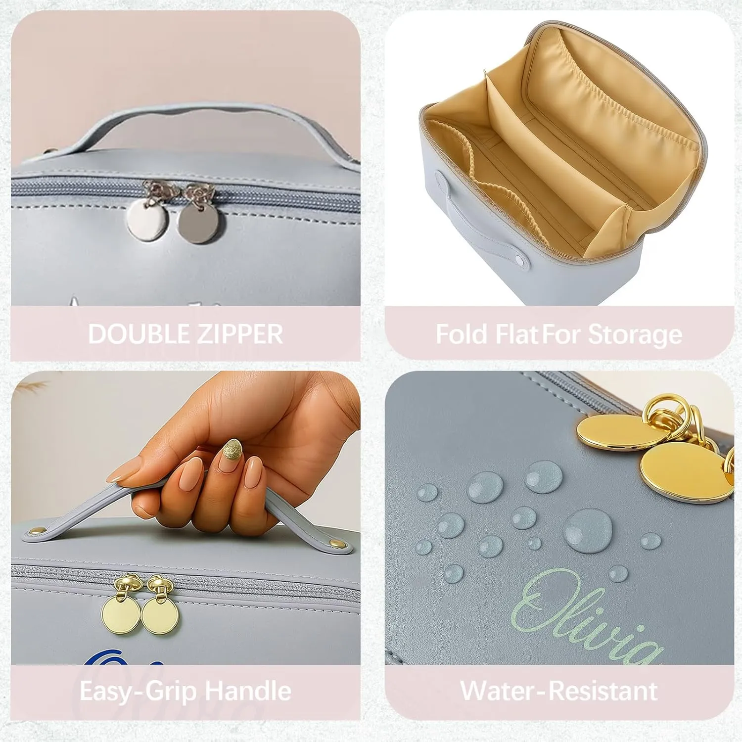 Personalized Makeup Bag with Your Embroidery Text,Large Capacity Waterproof Leather Travel Comestic Toiletry Bag for Bridesmaid Mother’s Day Women Gifts