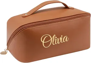 Personalized Makeup Bag with Your Embroidery Text,Large Capacity Waterproof Leather Travel Comestic Toiletry Bag for Bridesmaid Mother’s Day Women Gifts