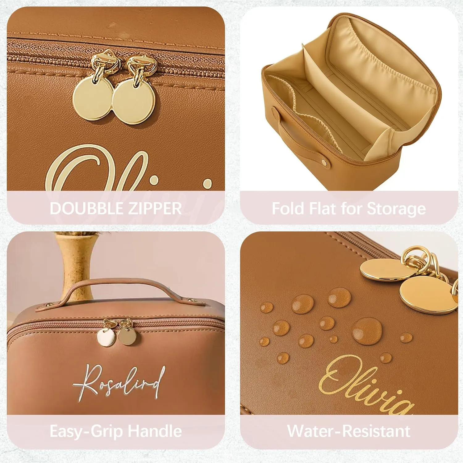Personalized Makeup Bag with Your Embroidery Text,Large Capacity Waterproof Leather Travel Comestic Toiletry Bag for Bridesmaid Mother’s Day Women Gifts