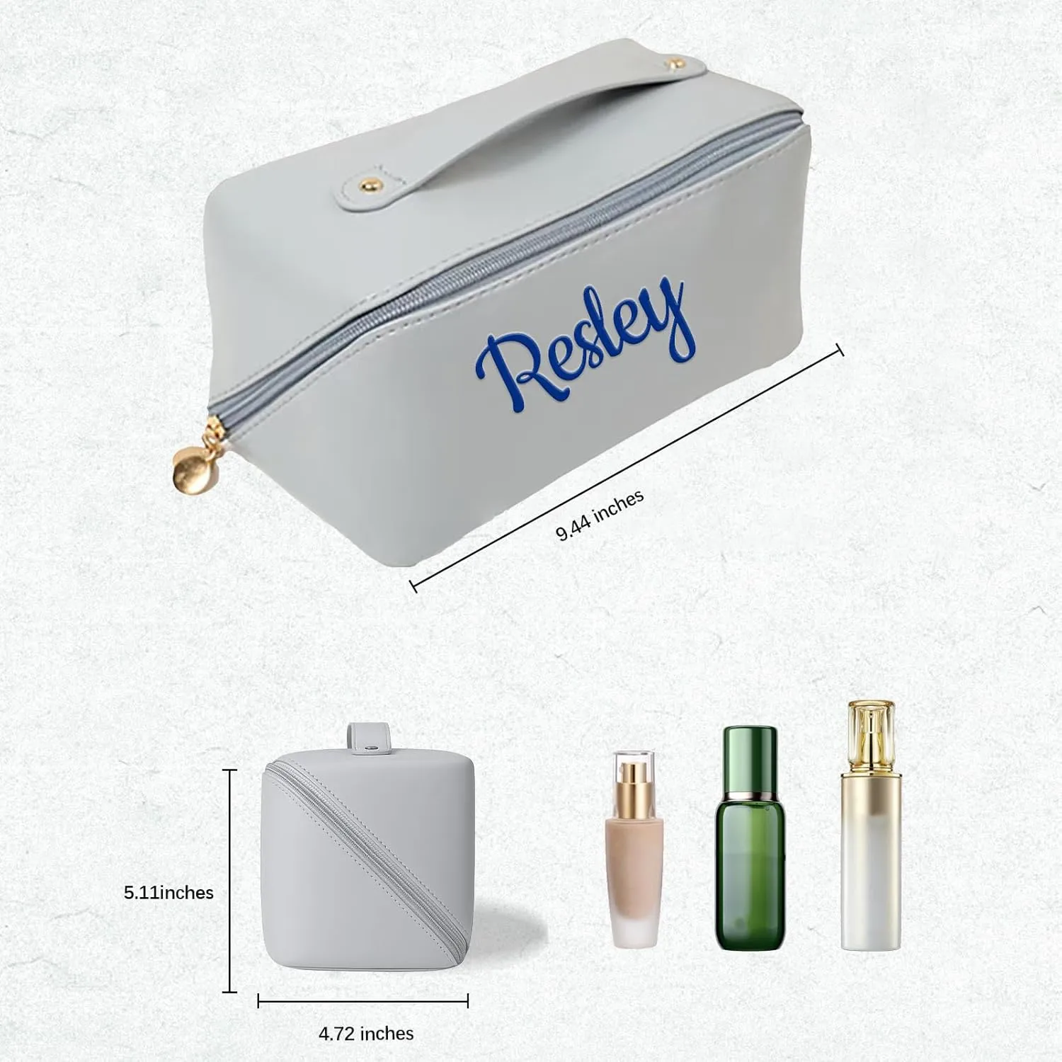 Personalized Makeup Bag with Your Embroidery Text,Large Capacity Waterproof Leather Travel Comestic Toiletry Bag for Bridesmaid Mother’s Day Women Gifts