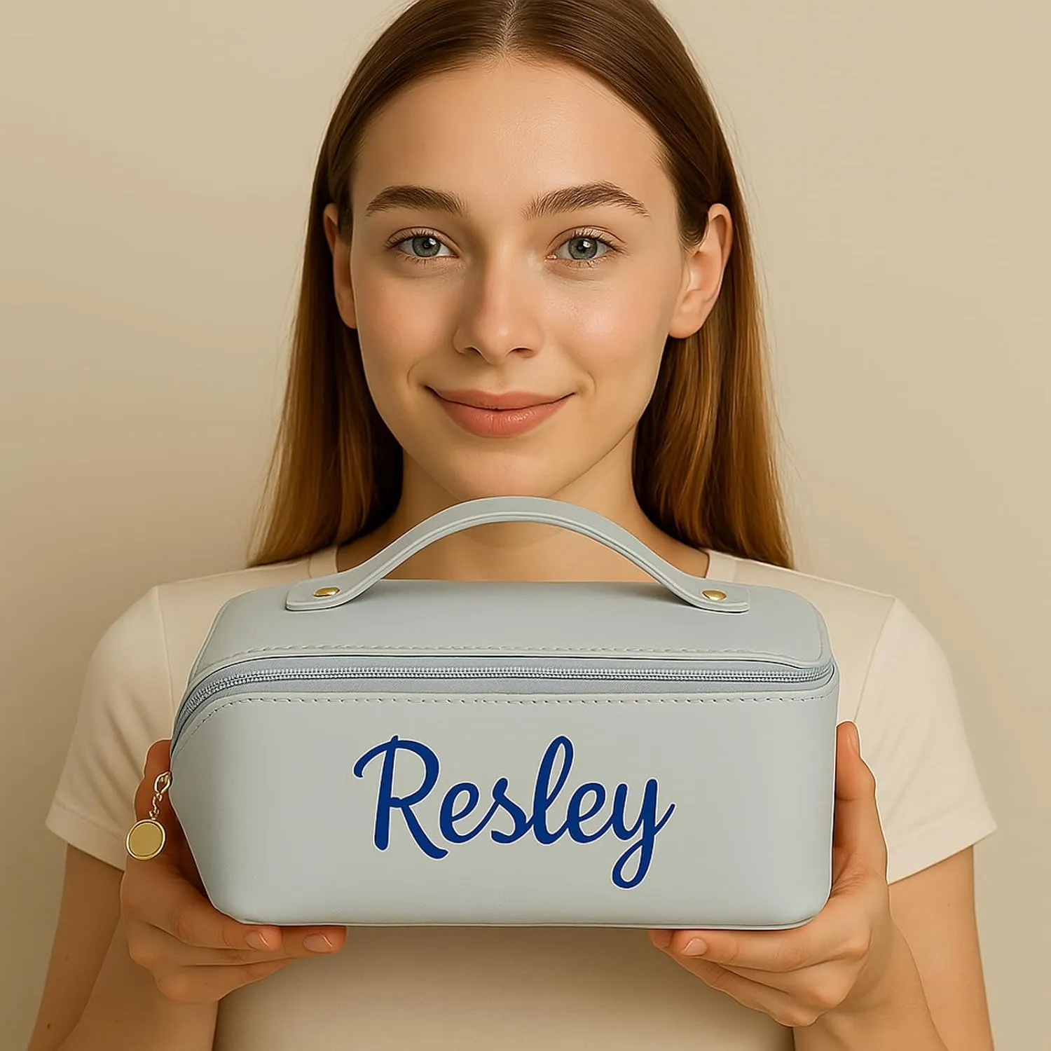 Personalized Makeup Bag with Your Embroidery Text,Large Capacity Waterproof Leather Travel Comestic Toiletry Bag for Bridesmaid Mother’s Day Women Gifts