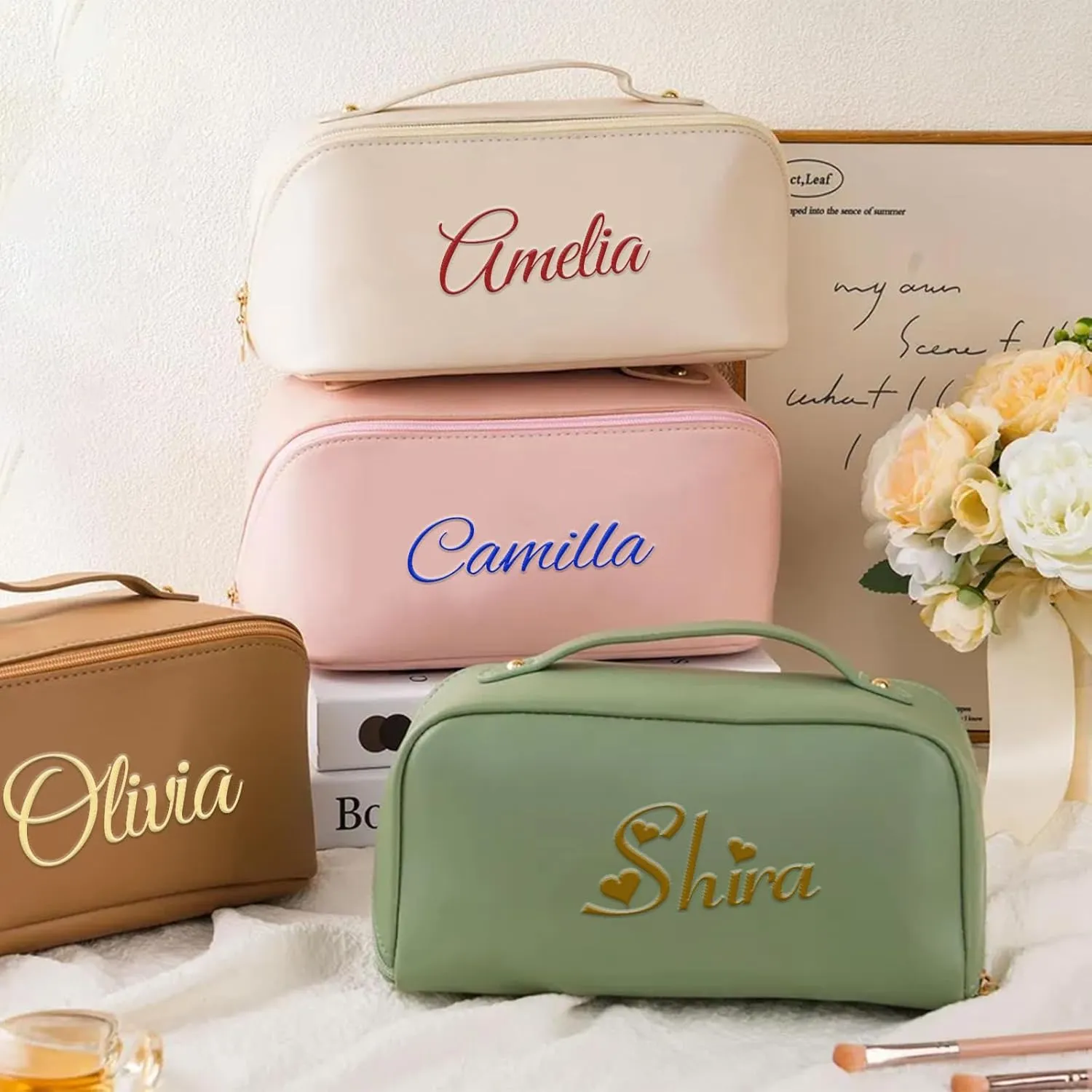 Personalized Makeup Bag with Your Embroidery Text,Large Capacity Waterproof Leather Travel Comestic Toiletry Bag for Bridesmaid Mother’s Day Women Gifts