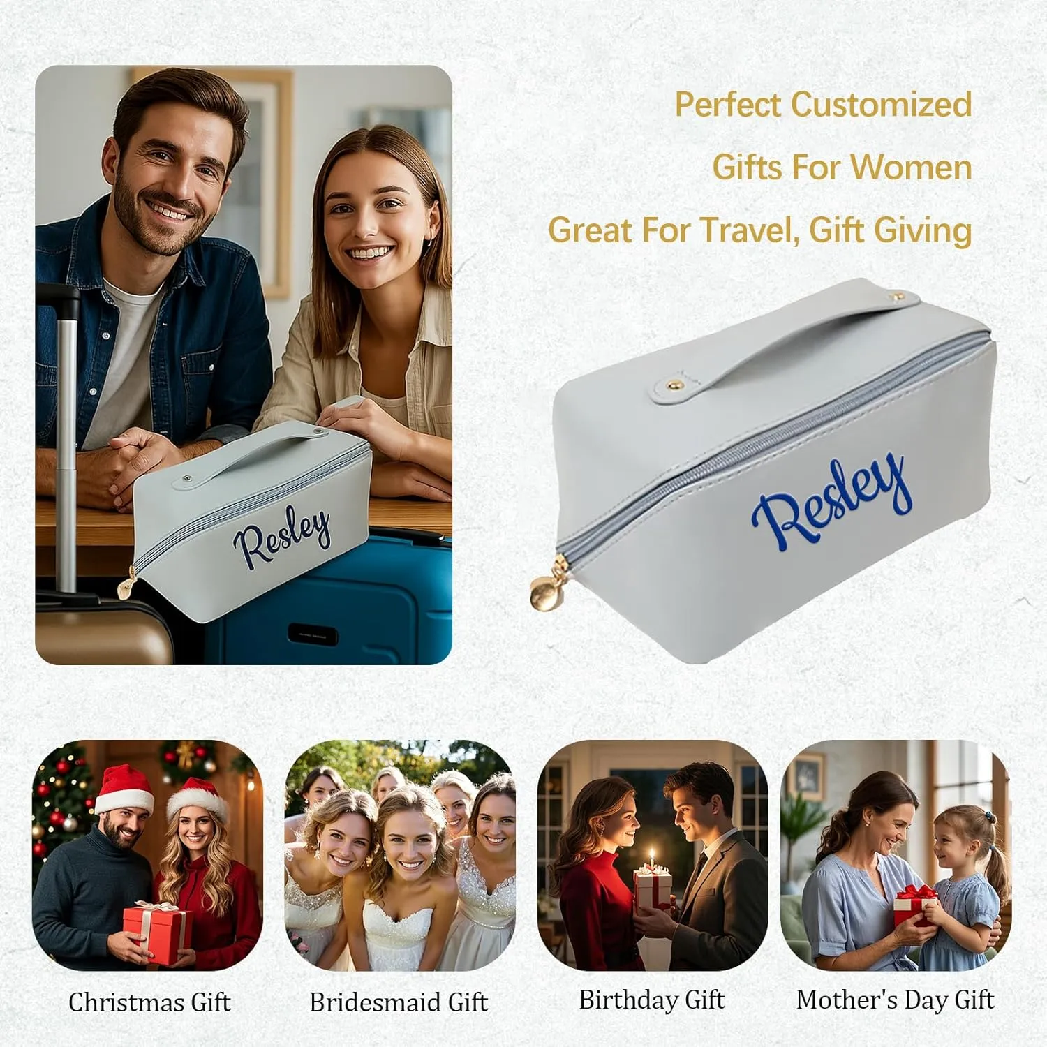 Personalized Makeup Bag with Your Embroidery Text,Large Capacity Waterproof Leather Travel Comestic Toiletry Bag for Bridesmaid Mother’s Day Women Gifts