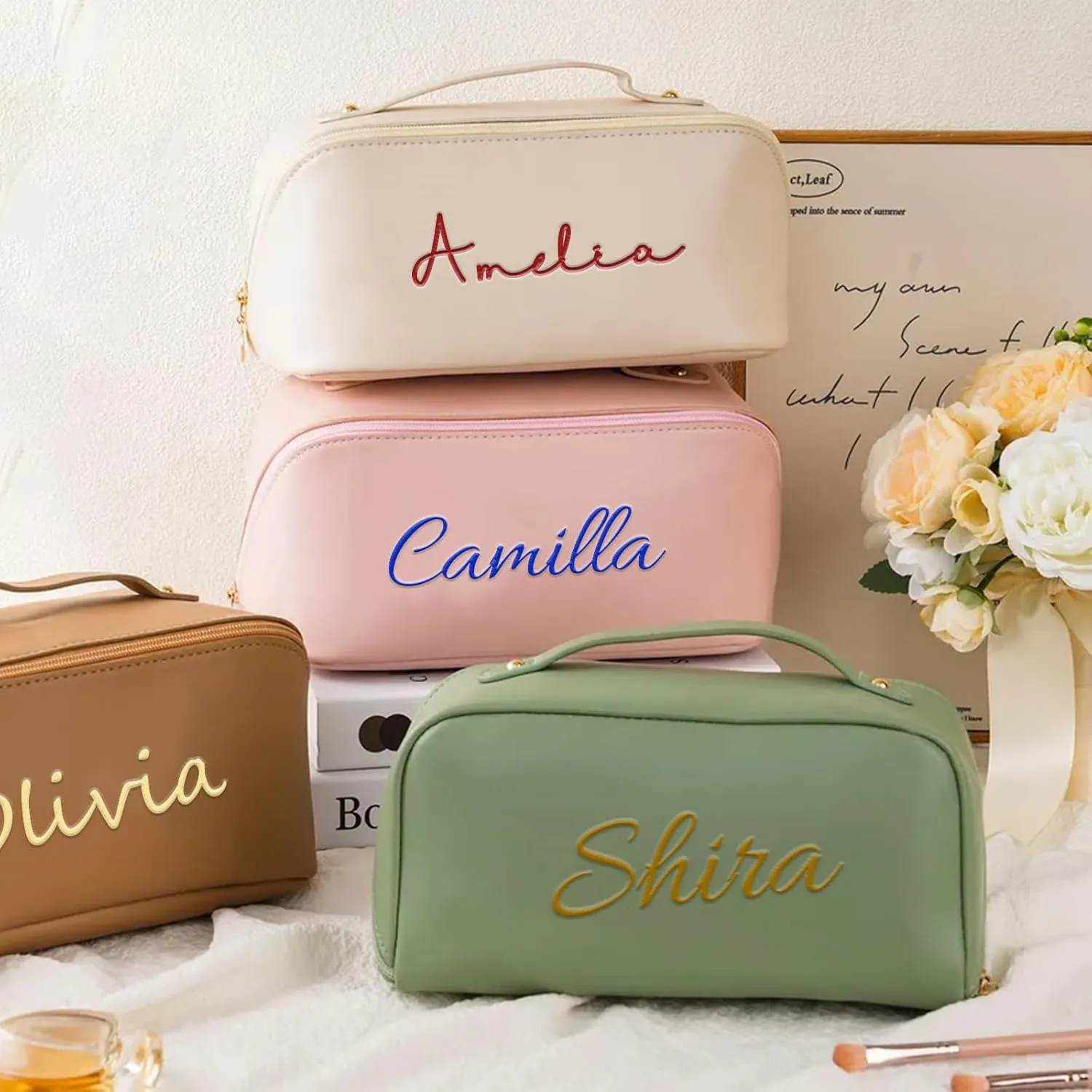 Personalized Makeup Bag with Your Embroidery Text,Large Capacity Waterproof Leather Travel Comestic Toiletry Bag for Bridesmaid Mother’s Day Women Gifts