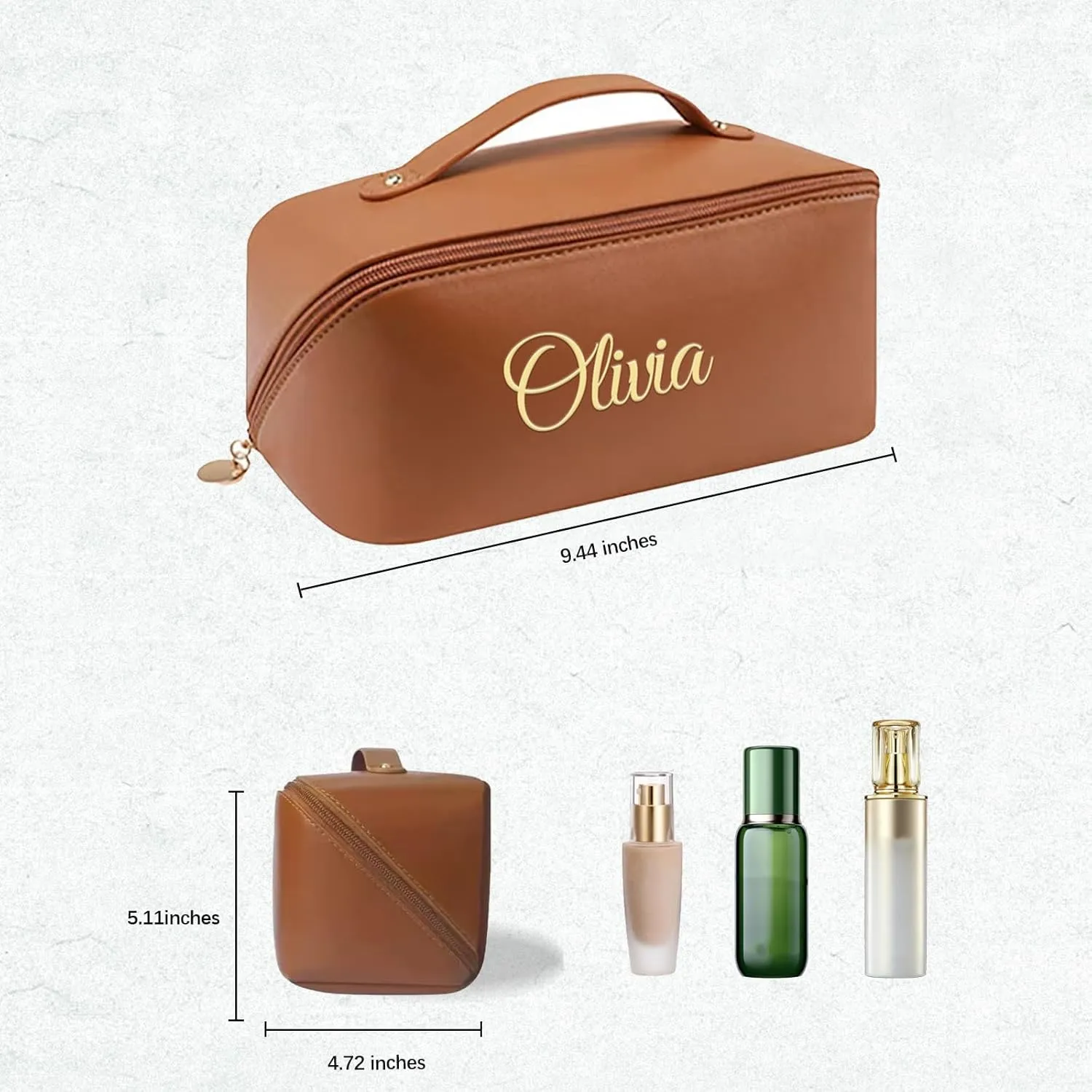 Personalized Makeup Bag with Your Embroidery Text,Large Capacity Waterproof Leather Travel Comestic Toiletry Bag for Bridesmaid Mother’s Day Women Gifts