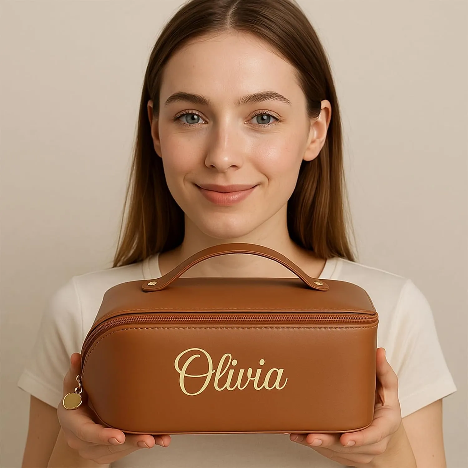 Personalized Makeup Bag with Your Embroidery Text,Large Capacity Waterproof Leather Travel Comestic Toiletry Bag for Bridesmaid Mother’s Day Women Gifts