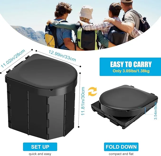 Portable Camping Toilet, Folding Toilet for Adults with Lid and Retractable Toilet Paper Holder, Waterproof Porta Potty with Carry Bag and Disposible Liners for Camping, Hiking, RV Travel, Road Trips