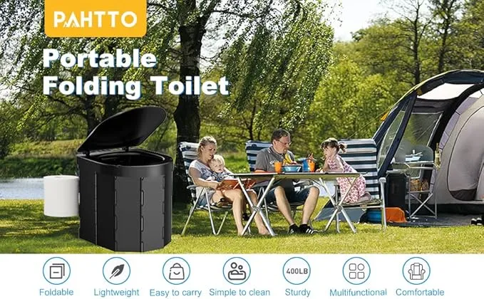 Portable Camping Toilet, Folding Toilet for Adults with Lid and Retractable Toilet Paper Holder, Waterproof Porta Potty with Carry Bag and Disposible Liners for Camping, Hiking, RV Travel, Road Trips
