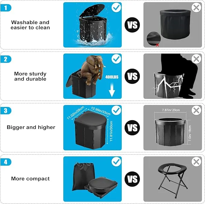 Portable Camping Toilet, Folding Toilet for Adults with Lid and Retractable Toilet Paper Holder, Waterproof Porta Potty with Carry Bag and Disposible Liners for Camping, Hiking, RV Travel, Road Trips