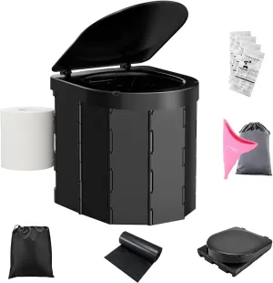 Portable Camping Toilet, Folding Toilet for Adults with Lid and Retractable Toilet Paper Holder, Waterproof Porta Potty with Carry Bag and Disposible Liners for Camping, Hiking, RV Travel, Road Trips