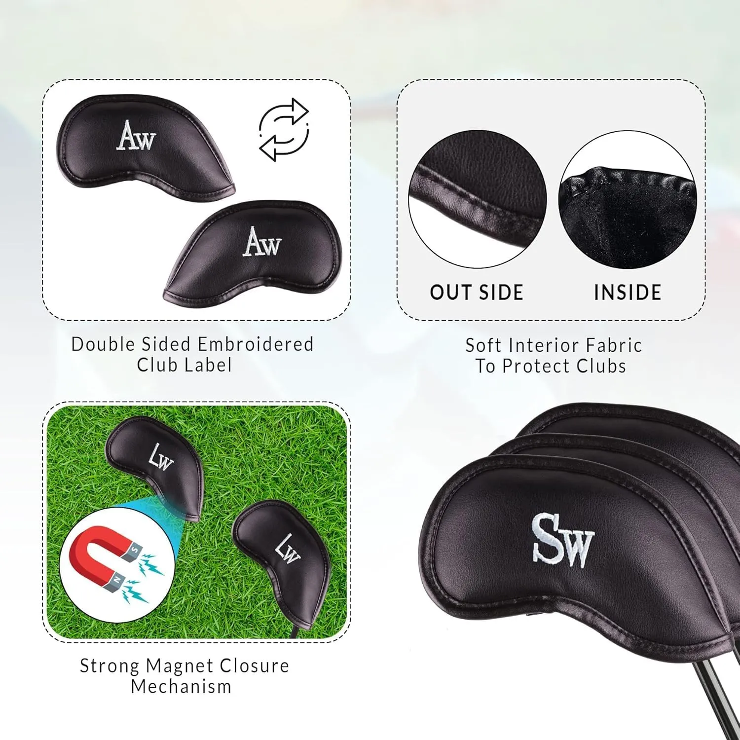 Premium Magnetic Leather Iron and Wedge Golf Club Head Covers | Set of 10 | Fits Most Clubs | Embroidered Club Label on Both Sides of Club Head Cover