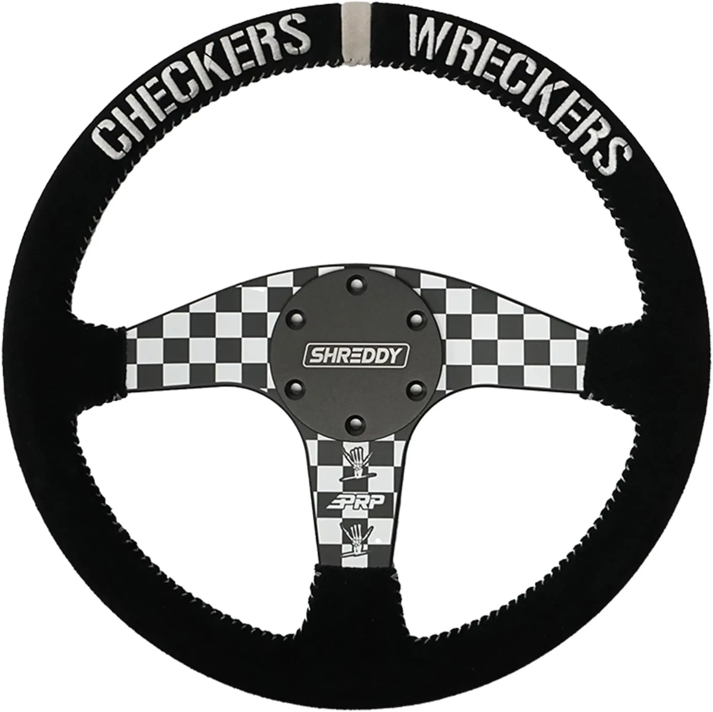 PRP Seats X Shreddy Checkers Wreckers Flat Suede Grip Steering Wheel for Off-Road Racing - High-Strength Aluminum, Moisture-Resistant Suede, 6 Point Bolt Pattern - 13" Dia x 1.5" (Checkered)
