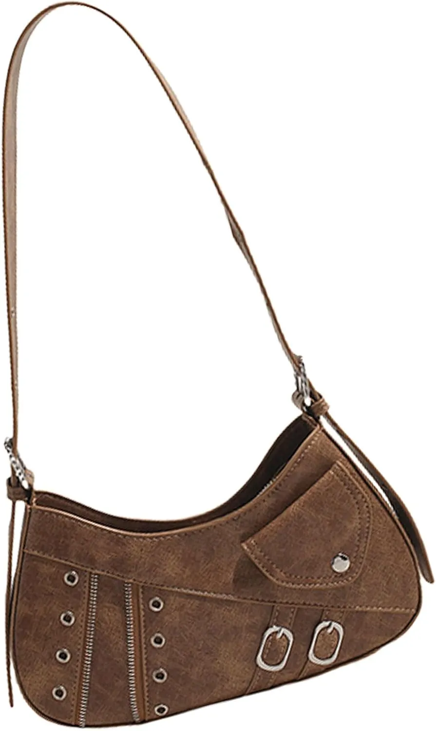 Punk Eyelets Buckled Small Shoulder Bag Women Motorcycle PU Leather Crossbody Purse Retro Zippered Underarm Handbag