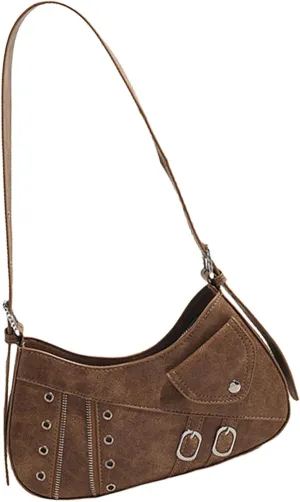 Punk Eyelets Buckled Small Shoulder Bag Women Motorcycle PU Leather Crossbody Purse Retro Zippered Underarm Handbag