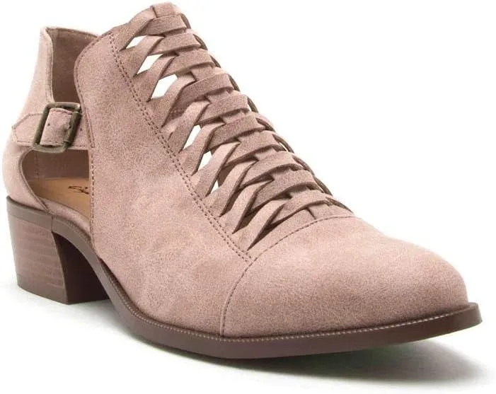 Qupid Rager-07 Warm Taupe Vegan Nubuck Braided Cut Out Low Buckle Ankle Bootie