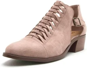Qupid Rager-07 Warm Taupe Vegan Nubuck Braided Cut Out Low Buckle Ankle Bootie