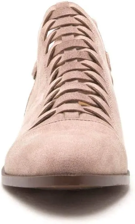 Qupid Rager-07 Warm Taupe Vegan Nubuck Braided Cut Out Low Buckle Ankle Bootie
